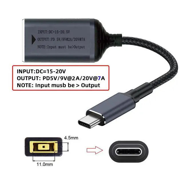 Alt view image 2 of 7 - Rectangle Type Thinkpad X1 Jack Power Input to USB-C Type-C Power 140W Smart LED Display PD 100W 65W Charge Cable Compatible with Laptop Phone PD9V/5V/20V/7A