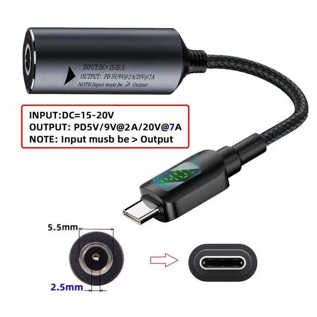 Alt view image 2 of 7 - DC Jack 5.5x2.5mm Power Input to USB-C Type-C Power 140W Smart LED Display PD 100W 65W Charge Cable Compatible with Laptop Phone PD9V/5V/20V/7A