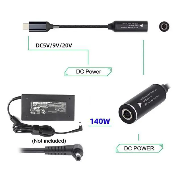 Alt view image 3 of 7 - DC Jack 5.5x2.5mm Power Input to USB-C Type-C Power 140W Smart LED Display PD 100W 65W Charge Cable Compatible with Laptop Phone PD9V/5V/20V/7A