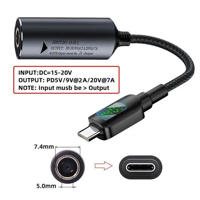 Alt view image 2 of 7 - DC Jack 7.4x5.0mm Power Input to USB-C Type-C Power 140W Smart LED Display PD 100W 65W Charge Cable Compatible with Laptop Phone PD9V/5V/20V/7A