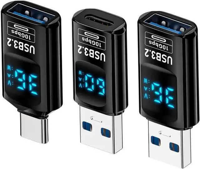 Main image of Type-C USB-C to USB3.2 Type-A Adapter 10Gbps Data Current Voltage Smart LED Display Fast Charging Monitoring Display Tester Detector (3pack)