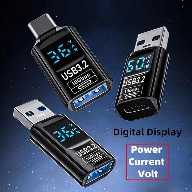 Alt view image 3 of 7 - Type-C USB-C to USB3.2 Type-A Adapter 10Gbps Data Current Voltage Smart LED Display Fast Charging Monitoring Display Tester Detector (3pack)