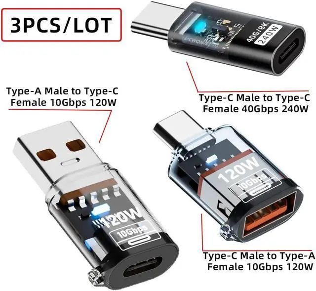 Alt view image 6 of 7 - Type-C USB-C to USB3.2 Type-A Adapter OTG 10Gbps 40Gbps 120W 240W Data Fast Charging Smart LED Display Tester Detector (3pack)