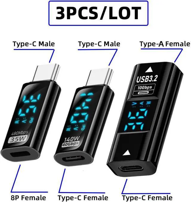 Alt view image 2 of 7 - Type-C USB-C Female to USB Type-A 8P Adapter Data Current Voltage Smart LED Display Fast Charging Monitoring Display Tester Detector (3pack)