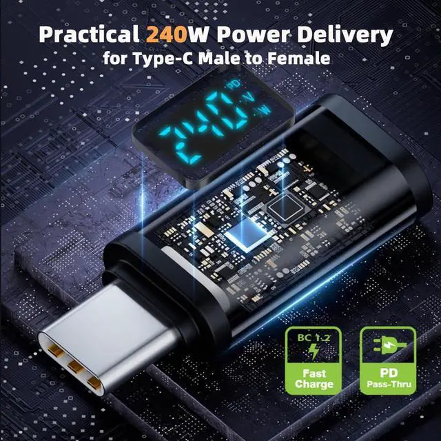 Alt view image 7 of 7 - Type-C USB-C Male to Female Extension Adapter Smart LED Display Current Voltage Transparent USB4.0 40Gbps 240W Monitoring Tester Detector