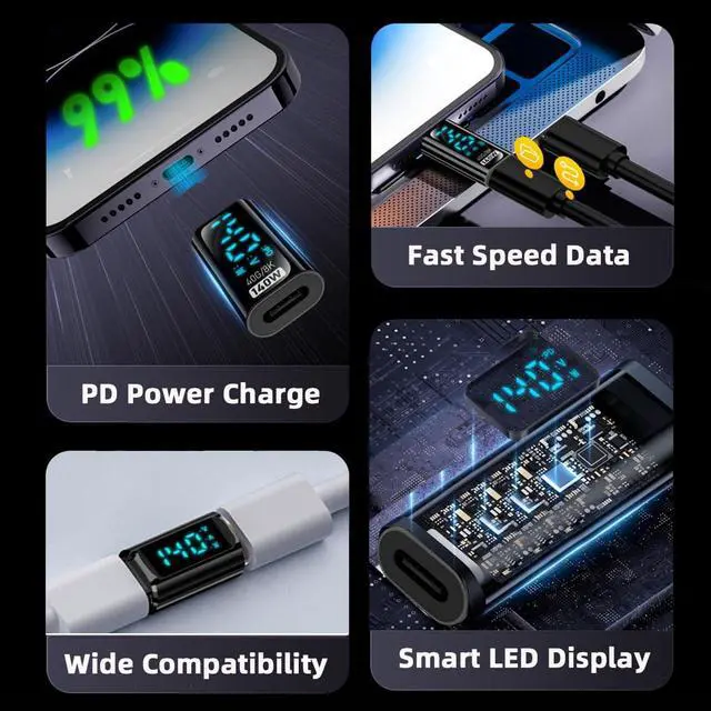 Alt view image 4 of 7 - Type-C USB-C Female to Female Smart LED Display Current Voltage Extension Adapter Transparent USB4.0 40Gbps 140W Monitoring Tester Detector