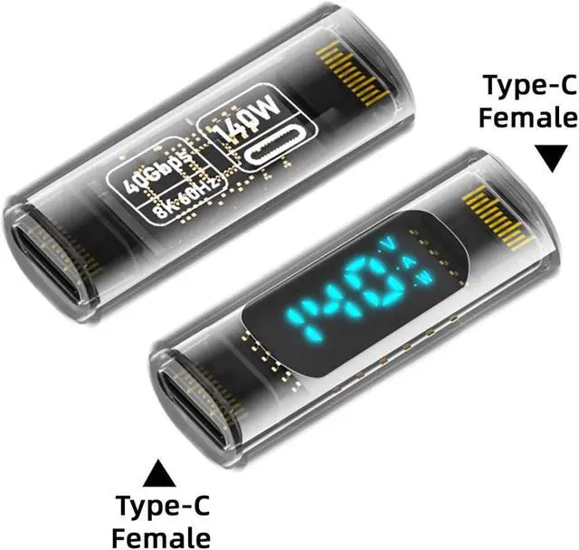 Alt view image 6 of 7 - Type-C USB-C Female to Female Smart LED Display Current Voltage Extension Adapter Transparent USB4.0 40Gbps 140W Monitoring Tester Detector