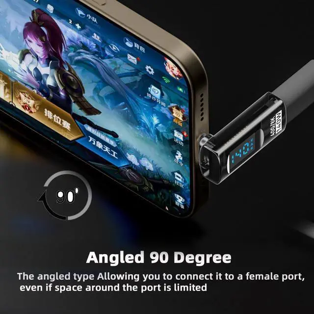 Alt view image 2 of 7 - Type-C USB-C Male to Female Extension Adapter Smart LED Display Current Voltage Transparent USB4.0 40Gbps 140W Up Down Angled 90 Degree Current Voltage Monitoring