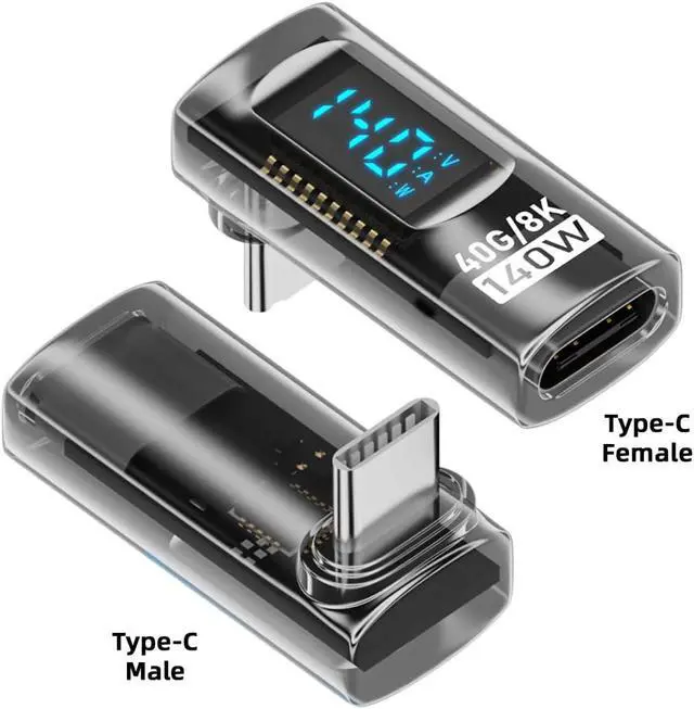 Alt view image 3 of 7 - Type-C USB-C Male to Female Extension Adapter Smart LED Display Current Voltage Transparent USB4.0 40Gbps 140W Up Down Angled 90 Degree Current Voltage Monitoring