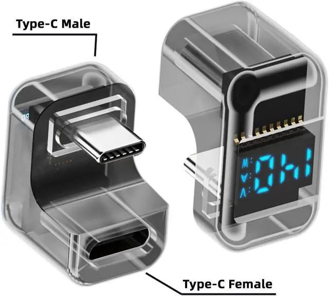 Alt view image 2 of 7 - Type-C USB-C Male to Female Extension Adapter Smart LED Display Current Voltage Transparent USB4.0 40Gbps 140W Opposite U Shape Back Angled Current Voltage Monitoring