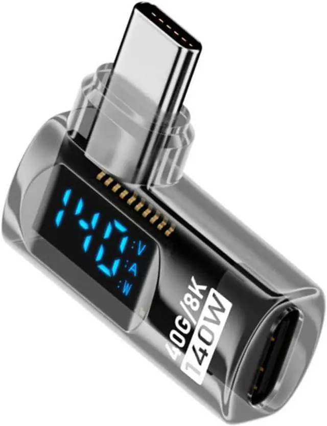 Main image of Type-C USB-C Male to Female Extension Adapter Smart LED Display Current Voltage Transparent USB4.0 40Gbps 140W Left Right Angled 90 Degree Current Voltage Monitoring