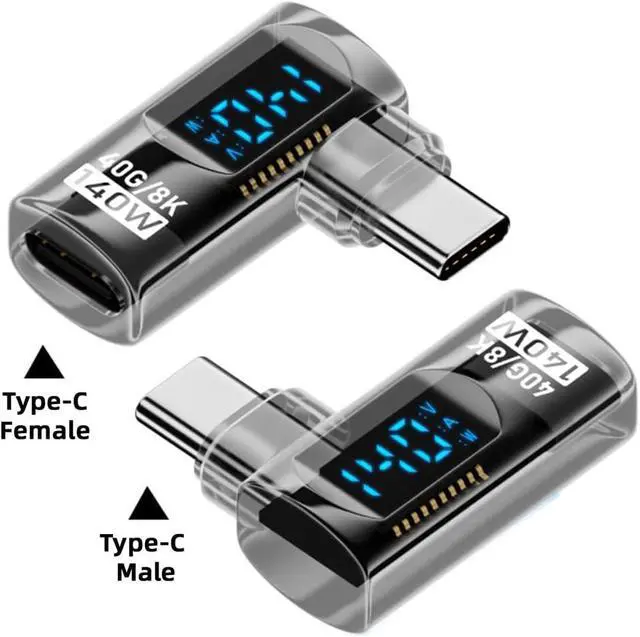 Alt view image 3 of 7 - Type-C USB-C Male to Female Extension Adapter Smart LED Display Current Voltage Transparent USB4.0 40Gbps 140W Left Right Angled 90 Degree Current Voltage Monitoring
