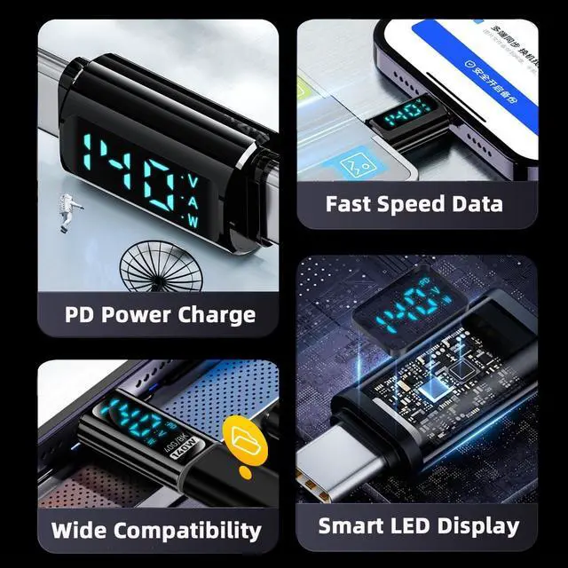 Alt view image 4 of 7 - Type-C USB-C Male to Male Extension Smart LED Display Current Voltage Adapter Transparent USB4.0 40Gbps 140W Monitoring Tester Detector