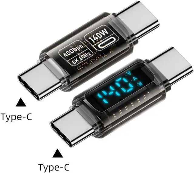 Alt view image 6 of 7 - Type-C USB-C Male to Male Extension Smart LED Display Current Voltage Adapter Transparent USB4.0 40Gbps 140W Monitoring Tester Detector