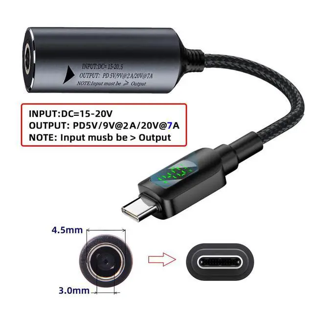 Alt view image 2 of 7 - DC Jack 4.5x3.0mm Power Input to USB-C Type-C Power 140W Smart LED Display PD 100W 65W Charge Cable Compatible with Laptop Phone PD9V/5V/20V/7A