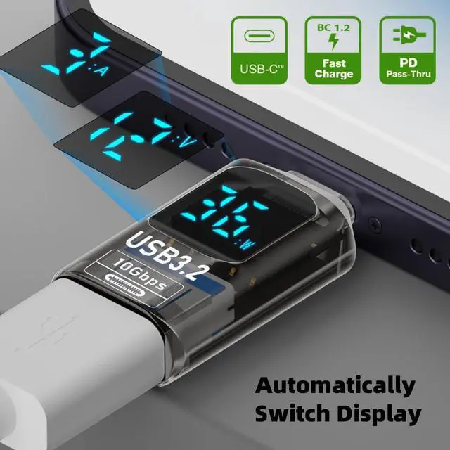 Alt view image 6 of 7 - Type-C USB-C to USB3.2 Type-A Adapter 10Gbps Data Current Voltage Smart LED Display Fast Charging Monitoring Display Tester Detector (3pack)