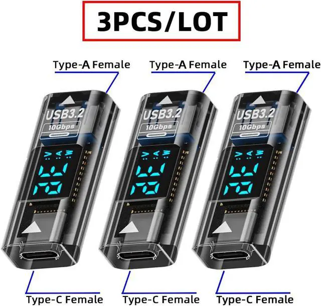 Alt view image 2 of 7 - Type-C USB-C Female to USB Type-A Female Adapter Data Current Voltage Smart LED Display Fast Charging Monitoring Display Tester Detector (3pack)