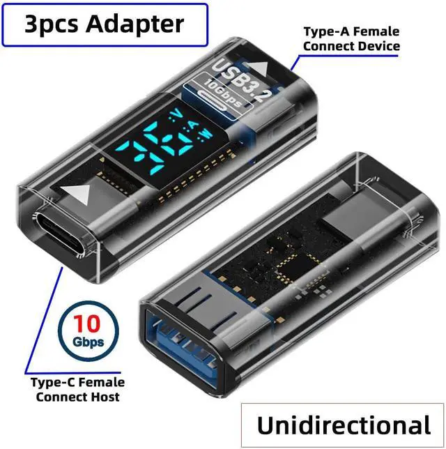 Alt view image 4 of 7 - Type-C USB-C Female to USB Type-A Female Adapter Data Current Voltage Smart LED Display Fast Charging Monitoring Display Tester Detector (3pack)
