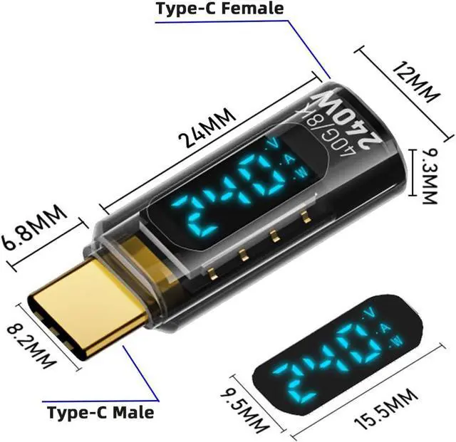 Alt view image 5 of 7 - Type-C USB-C Male to Female Extension Adapter Smart LED Display Current Voltage Transparent USB4.0 40Gbps 240W Monitoring Tester Detector