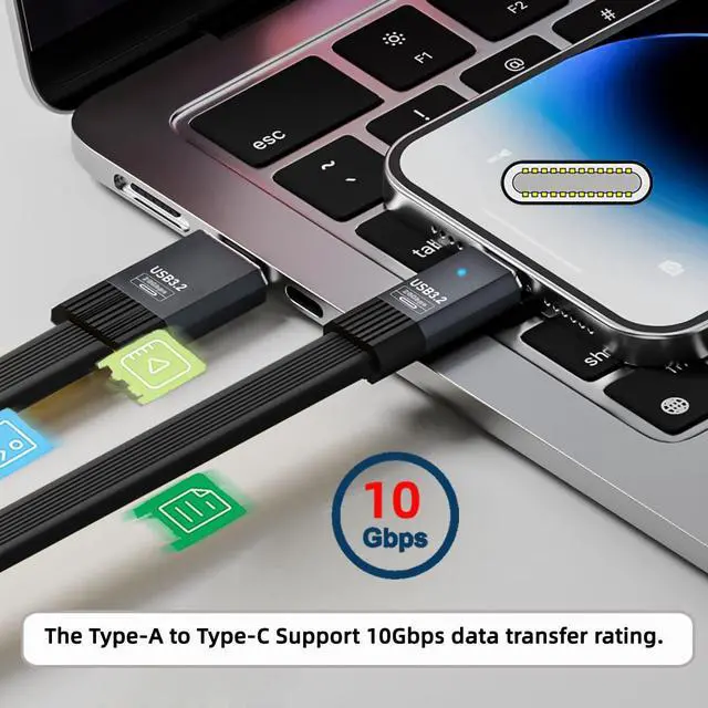 Alt view image 7 of 7 - USB3.1 Type-A Male to USB-C Type-C Male 10Gbps Flat Slim FPC USB-C Data Power Cable 5V3A Compatible with Laptop Phone Disk Camera (20cm)