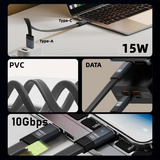 Alt view image 6 of 7 - USB3.1 Type-A Male to USB-C Type-C Male 10Gbps Flat Slim FPC USB-C Data Power Cable 5V3A Compatible with Laptop Phone Disk Camera (20cm)
