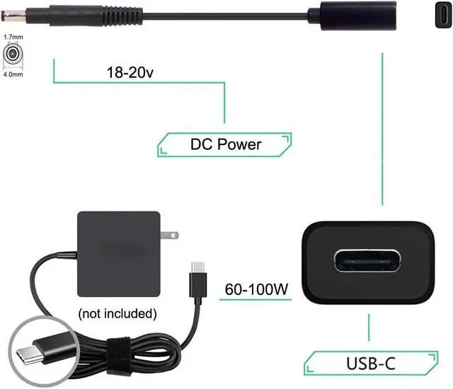 Alt view image 3 of 7 - Xiwai Type C USB-C Female Input to 65W DC Power PD Charge Cable fit for Laptop 18-20V (4.8x1.7mm)