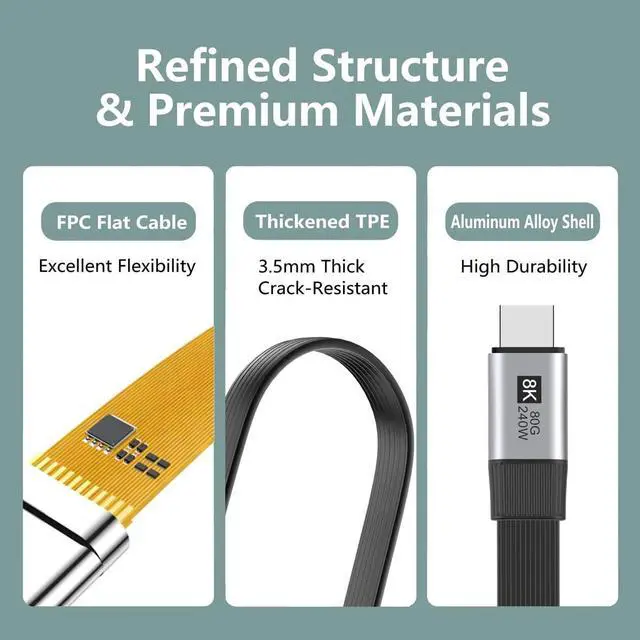 Alt view image 6 of 7 - FPC Flat USB 3.1 Type-C USB-C Male to Male Data Cable 240W 80Gbps 8K Video for Laptop Phone Drive (20cm)