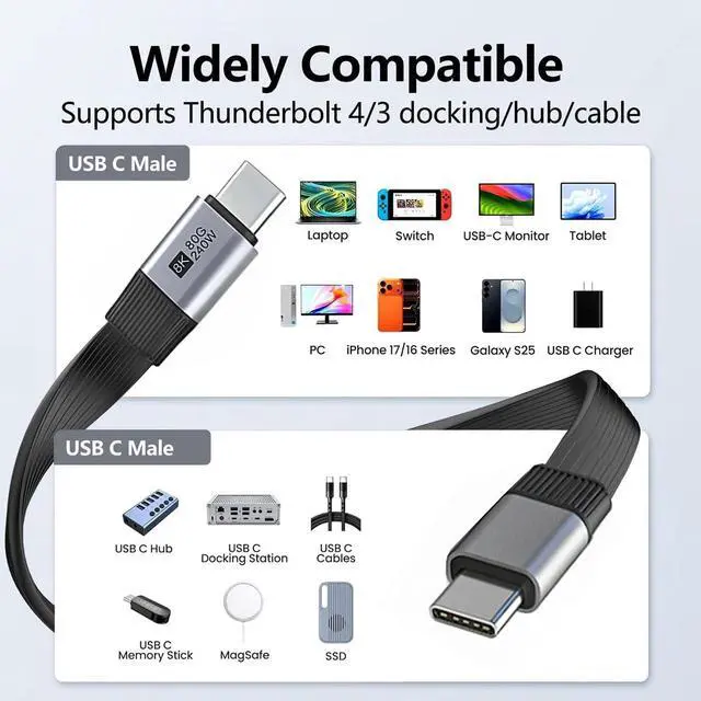 Alt view image 7 of 7 - FPC Flat USB 3.1 Type-C USB-C Male to Male Data Cable 240W 80Gbps 8K Video for Laptop Phone Drive (20cm)