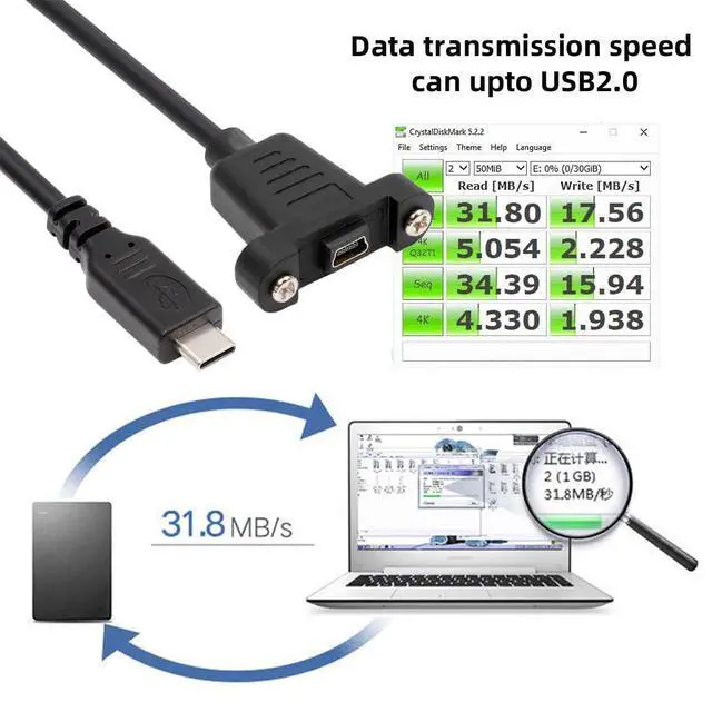 Alt view image 4 of 7 - USB2.0 Type-C Male to Mini USB 5Pin Female Extension Panel Mount Type Cable with Screws (50CM)