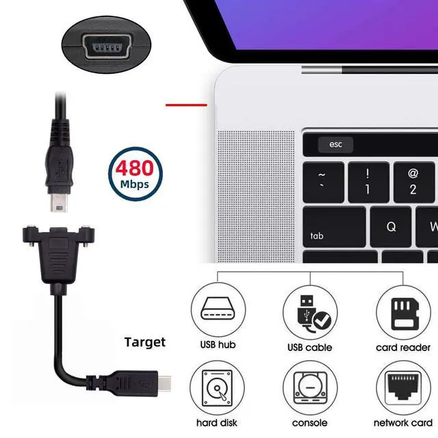 Alt view image 7 of 7 - USB2.0 Type-C Male to Mini USB 5Pin Female Extension Panel Mount Type Cable with Screws (50CM)