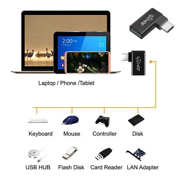 Alt view image 4 of 7 - Right Angled 90 Degree USB-C Type-C to USB 3.0 Female OTG Cable for Cell Phone Tablet & Laptop Black