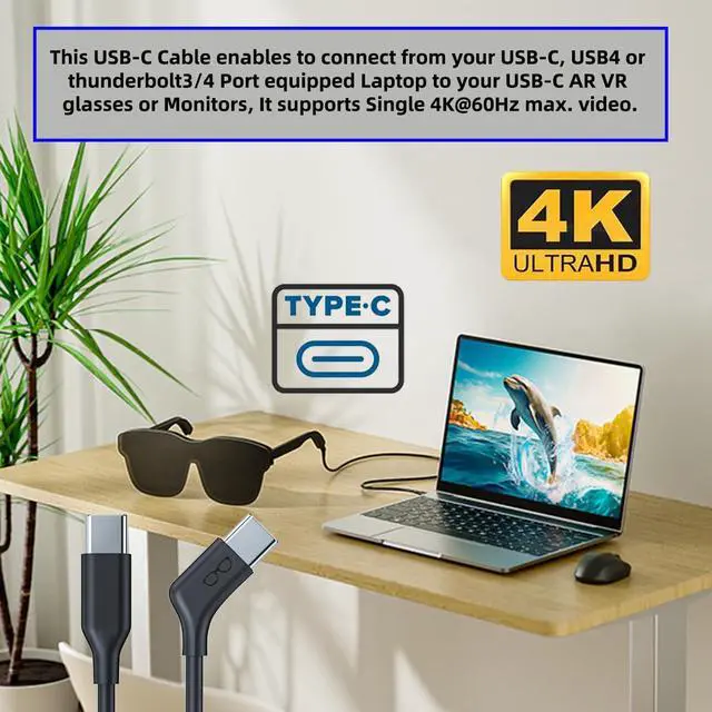 Alt view image 4 of 7 - USB-C 10Gbps Type-C Video 4K Power PD 65W Cable Right Angled 90 Degree Connector for VR AR Glasses NS Handheld Console (2.0M/6ft)