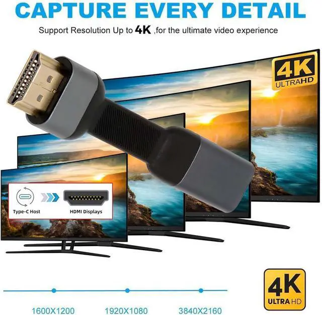 Alt view image 3 of 7 - USB-C Type-C Female Host to Standard HDMI Male Monitor HDTV Displays Flat Slim Cable Adapter 4K 60hz for Laptop Phone