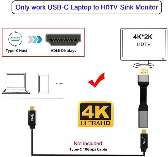 Alt view image 7 of 7 - USB-C Type-C Female Host to Standard HDMI Male Monitor HDTV Displays Flat Slim Cable Adapter 4K 60hz for Laptop Phone