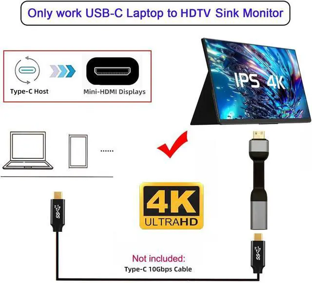 Alt view image 7 of 7 - USB-C Type-C Female Host to Mini HDMI Male Monitor HDTV Displays Flat Slim Cable Adapter 4K 60hz for Laptop Phone