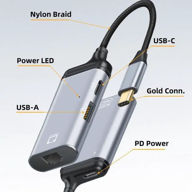Alt view image 6 of 7 - USB-C Type-C Host to RJ45 Female Gigabit 1Gbps Ethernet Networking with PD Female Power Short Cable Adapter 1000Mbps