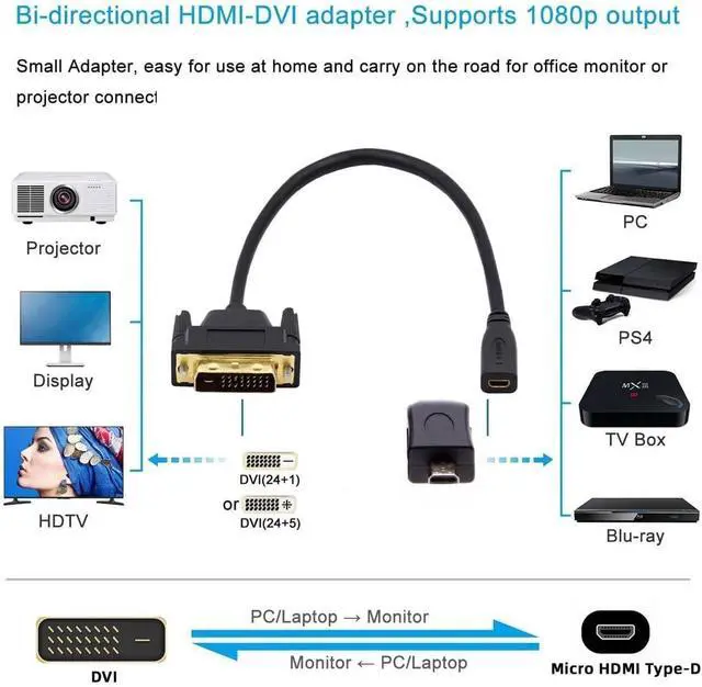 Alt view image 2 of 7 - DVI 24+1 Male to Micro HDMI 1.4 Type-D Female 4K Extension Cable for Computer HDTV Graphics Card UHD