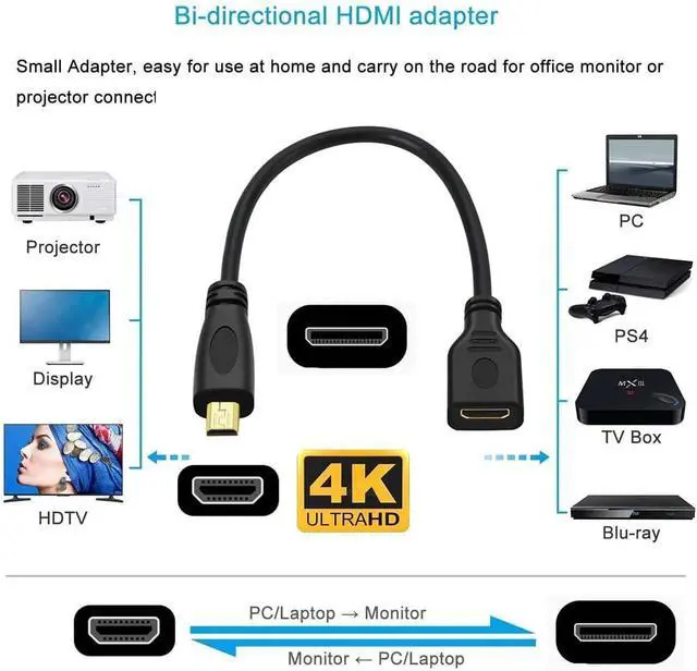Alt view image 3 of 7 - Micro HDMI Type-D Male to Mini HDMI 1.4 Type-C Female 4K Extension Cable for Computer HDTV Graphics Card UHD