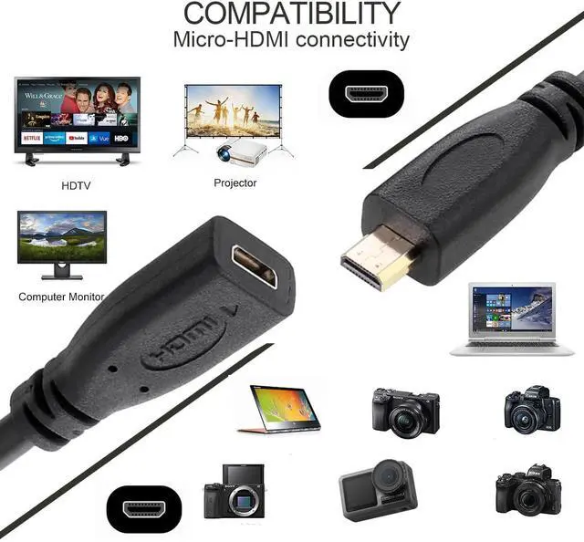 Alt view image 4 of 7 - Micro HDMI Type-D Male to Micro HDMI 1.4 Type-D Female 4K Extension Cable for Computer HDTV Graphics Card UHD