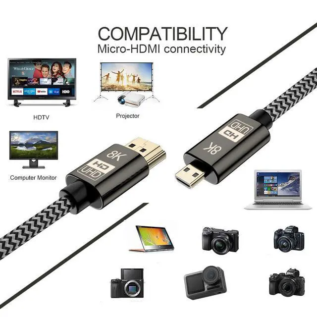 Alt view image 7 of 7 - Micro HDMI to HDMI 2.1 Ultra-HD UHD 8K 60hz 4K 120hz Cable 48Gbs HDMI Cable for Camera Tablet (1.0M)