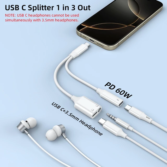 Alt view image 2 of 7 - 3 in 1 USB C Splitter, USB C to 3.5mm Headphone and Charger Adapter