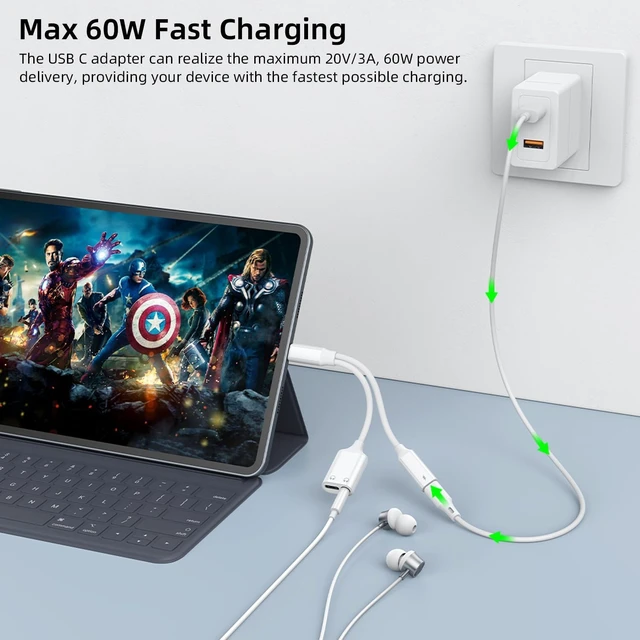 Alt view image 3 of 7 - 3 in 1 USB C Splitter, USB C to 3.5mm Headphone and Charger Adapter