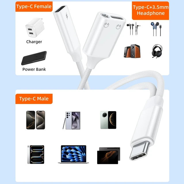 Alt view image 7 of 7 - 3 in 1 USB C Splitter, USB C to 3.5mm Headphone and Charger Adapter