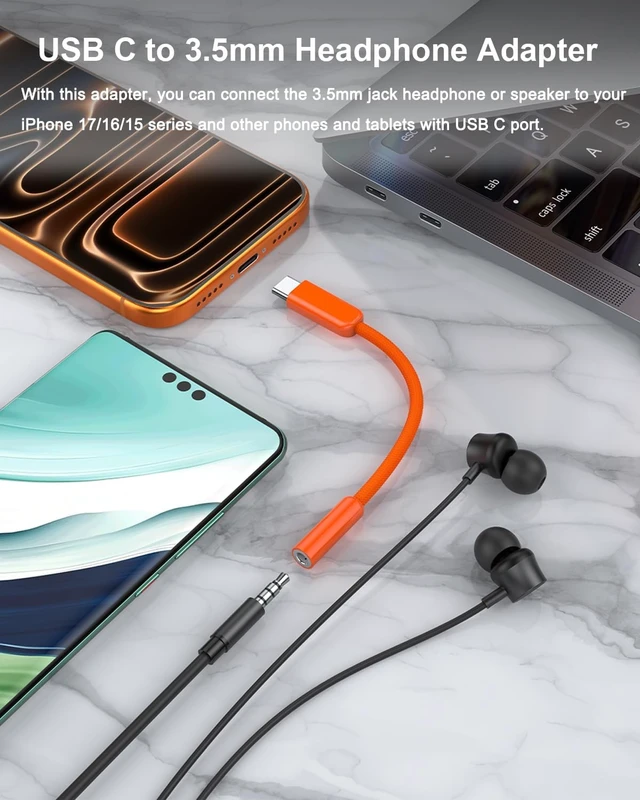 Alt view image 2 of 6 - USB C to 3.5mm Headphone Jack Adapter & Aux Cord 4ft (Orange)