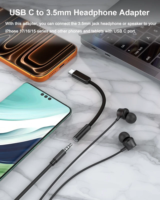 Alt view image 2 of 6 - USB C to 3.5mm Headphone Jack Adapter & Aux Cord 4ft (Black)