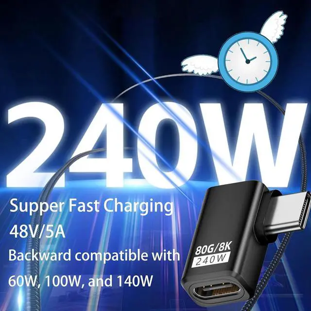 Alt view image 6 of 7 - 240W 80Gbps USB C Adapter, Thunderbolt 5 USB C Adapter, 90Degree Type C Male to Female Extender 8K@60Hz, 120Gbps Video Bandwidth, for Phone 15/16, VR,TV,Laptop, Carplay-2Pack (up/Down Angle)