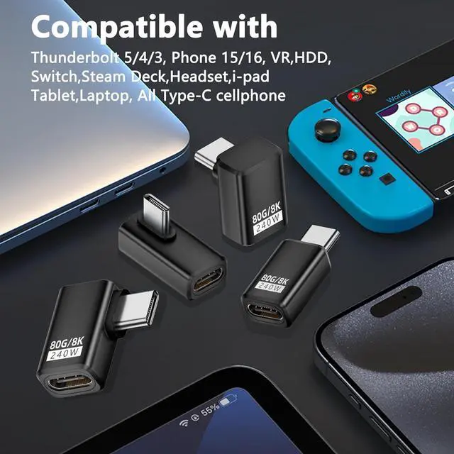 Alt view image 2 of 7 - 240W 80Gbps USB C Adapter, Thunderbolt 5 USB C Adapter, 90Degree Type C Male to Female Extender 8K@60Hz, 120Gbps Video Bandwidth, for Phone 15/16, VR,TV,Laptop, Carplay-2Pack (Straight)