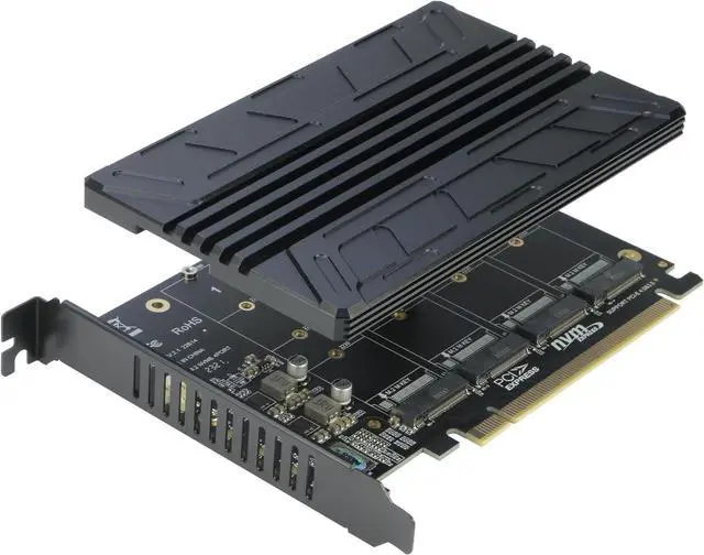 Main image of Quad NVMe PCIe Adapter, RIITOP 4-Port NVMe to PCI-e 4.0/3.0 x16 Expand Controller Card with Heatsink for 2280/2260/2242/2230 M.2 NVMe SSD (PCI-e Bifurcation Required)