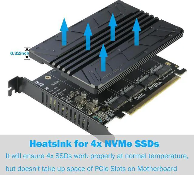 Alt view image 4 of 6 - Quad NVMe PCIe Adapter, RIITOP 4-Port NVMe to PCI-e 4.0/3.0 x16 Expand Controller Card with Heatsink for 2280/2260/2242/2230 M.2 NVMe SSD (PCI-e Bifurcation Required)