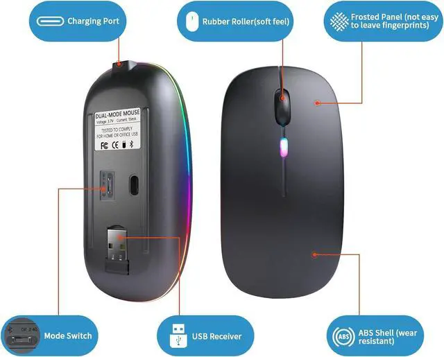 Alt view image 5 of 7 - Wireless Bluetooth Mouse, Rechargeable, LED, Silent, Ultra-thin Design (Bluetooth 5.2 and 2.4GHz USB Receiver) | Portable Computer Mouse for Laptops, iPads, MacBooks and Other Devices